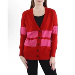 Madeleine Thompson Womens Red Knit Ribbed Trim Cardigan Sweater L NWT Valentine